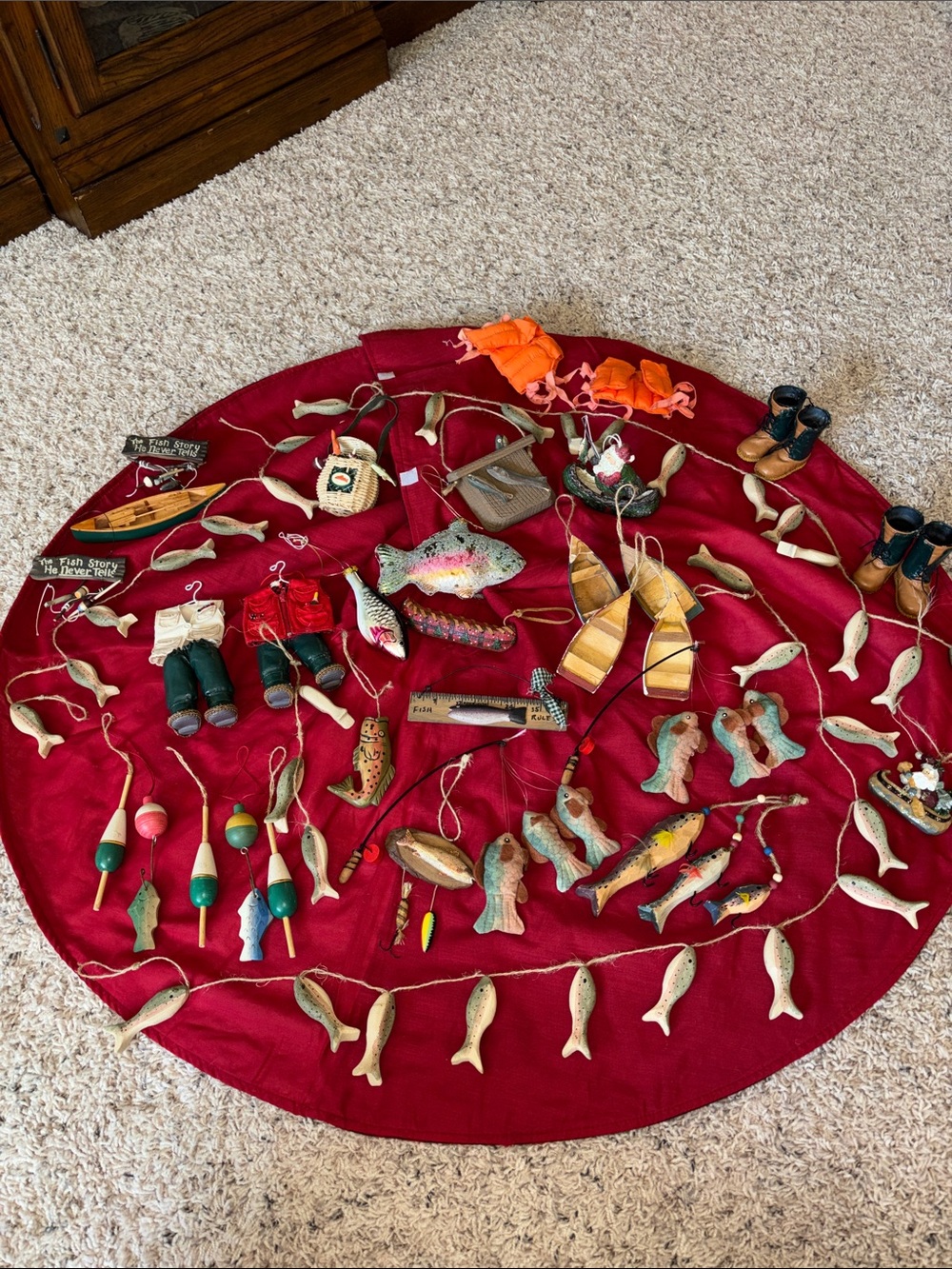Handcrafted Red Fish and Fishing-Themed Ornament Lot – 35 ornaments